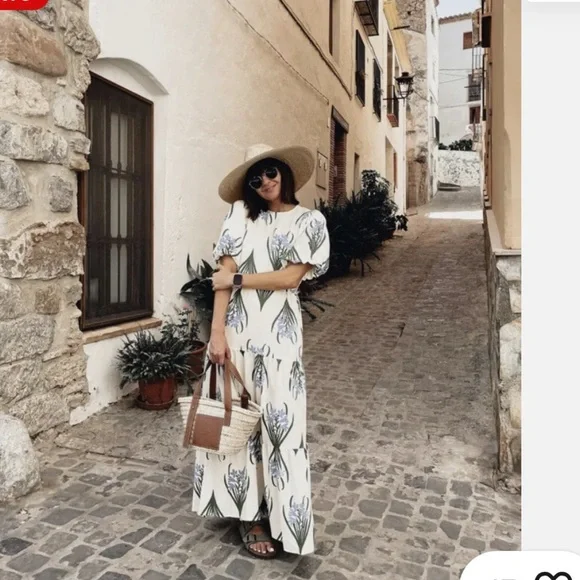 Zara Ecru Floral Linen Cotton Midi Dress Open Back Size Small - Picture 3 of 13